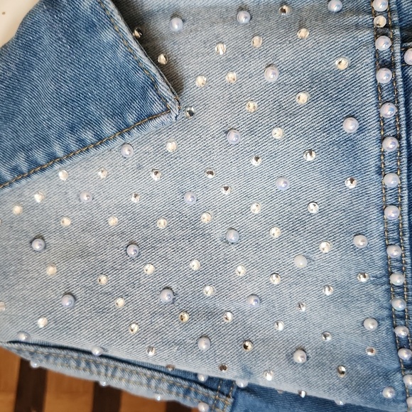 NWOT! Custom made Fringe crop diamond and pearl jean jacket - Picture 6 of 12